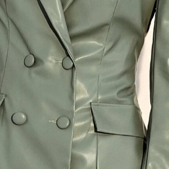GREEN PU LEATHER DOUBLE BREASTED BACK LACING BLAZER DRESS TRENDING COLOR CHIC - Picture 6 of 6